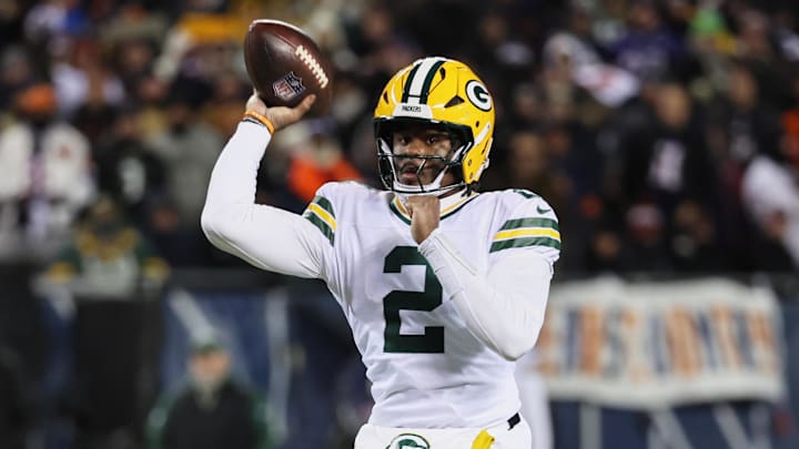 Dec 20, 2025; Chicago, Illinois, USA; Green Bay Packers quarterback Malik Willis (2) throws a pass against the Chicago Bears during the third quarter at Soldier Field. Mandatory Credit: Mike Dinovo-Imagn Images