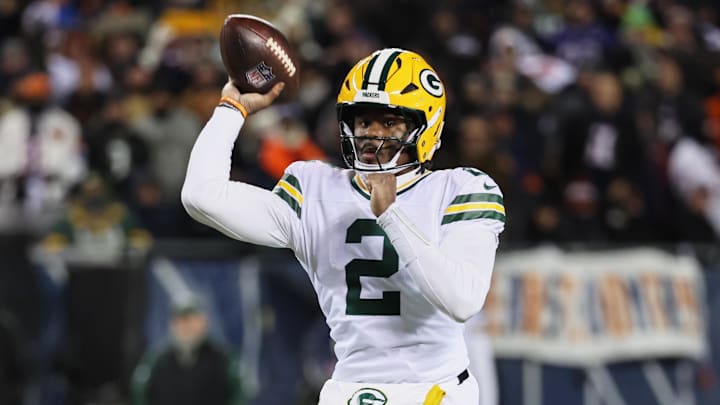 Dec 20, 2025; Chicago, Illinois, USA; Green Bay Packers quarterback Malik Willis (2) throws a pass against the Chicago Bears during the third quarter at Soldier Field. Mandatory Credit: Mike Dinovo-Imagn Images