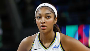 May 6, 2025; Chicago, IL, USA; Chicago Sky forward Angel Reese (5) during the second half of a WNBA pre-season game at Wintrust Arena. Mandatory Credit: Kamil Krzaczynski-Imagn Images
