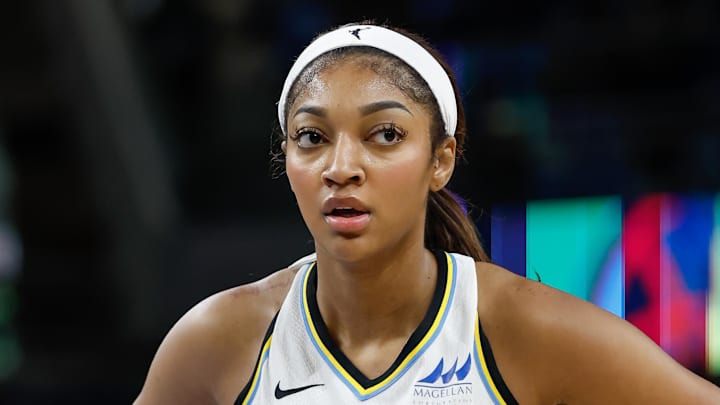 May 6, 2025; Chicago, IL, USA; Chicago Sky forward Angel Reese (5) during the second half of a WNBA pre-season game at Wintrust Arena. Mandatory Credit: Kamil Krzaczynski-Imagn Images