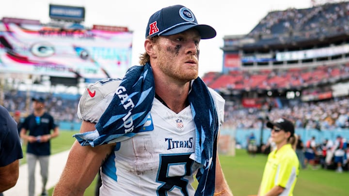 Tennessee Titans quarterback Will Levis (8) exits the field after the New York Jets won 24-17 at Nissan Stadium in Nashville, Tenn., Sunday, Sept. 15, 2024.