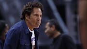 Apr 24, 2025; Detroit, Michigan, USA; Detroit Pistons owner Tom Gores looks on in the second half against the New York Knicks during game three of first round for the 2024 NBA Playoffs at Little Caesars Arena. Mandatory Credit: Rick Osentoski-Imagn Images