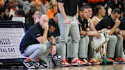 Feb 15, 2025; Stillwater, Oklahoma, USA; Oklahoma State Cowboys coach Steve Lutz watches game play during the second half against the Texas Tech Red Raiders at Gallagher-Iba Arena. Mandatory Credit: William Purnell-Imagn Images