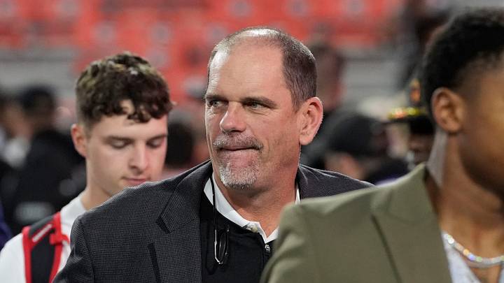 Georgia Offensive Coordinator Mike Bobo arrives before the start of a NCAA college football game against Tennessee in Athens, Ga., on Saturday, Nov. 16, 2024.