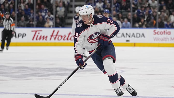 Feb 11, 2023; Toronto, Ontario, CAN; Columbus Blue Jackets forward Patrik Laine (29) carries the puck against the Toronto Maple Leafs during the second period at Scotiabank Arena. Mandatory Credit: John E. Sokolowski-USA TODAY Sports