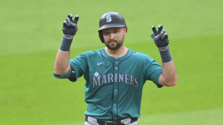 Seattle Mariners catcher Cal Raleigh (29) celebrates his RBI double in the third inning against the Cleveland Guardians at Progressive Field on June 18.