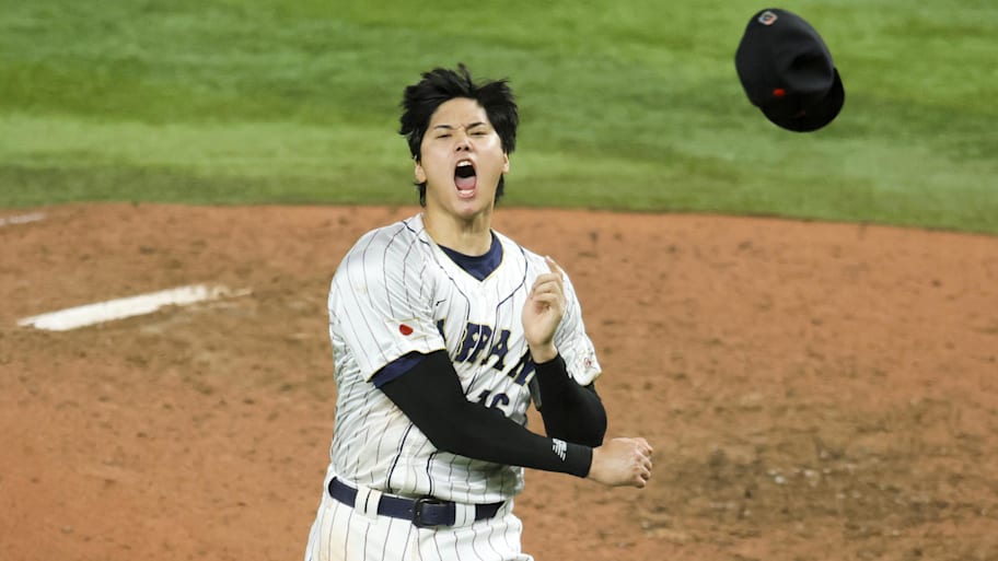 Japan relief pitcher Shohei Ohtani celebrates after defeating the USA in 2023 World Baseball Classic final