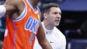Nov 15, 2024; Oklahoma City, Oklahoma, USA; Oklahoma City Thunder head coach Mark Daigneault reacts to an official's call after a play against the Phoenix Suns during the fourth quarter at Paycom Center. Mandatory Credit: Alonzo Adams-Imagn Images
