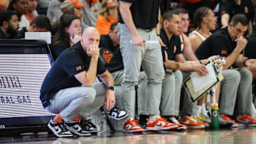 Feb 15, 2025; Stillwater, Oklahoma, USA; Oklahoma State Cowboys coach Steve Lutz watches game play during the second half against the Texas Tech Red Raiders at Gallagher-Iba Arena. Mandatory Credit: William Purnell-Imagn Images