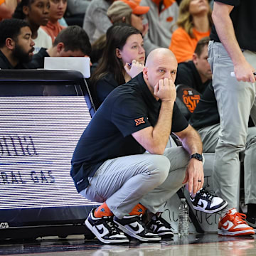 Feb 15, 2025; Stillwater, Oklahoma, USA; Oklahoma State Cowboys coach Steve Lutz watches game play during the second half against the Texas Tech Red Raiders at Gallagher-Iba Arena. Mandatory Credit: William Purnell-Imagn Images