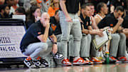 Feb 15, 2025; Stillwater, Oklahoma, USA; Oklahoma State Cowboys coach Steve Lutz watches game play during the second half against the Texas Tech Red Raiders at Gallagher-Iba Arena. Mandatory Credit: William Purnell-Imagn Images