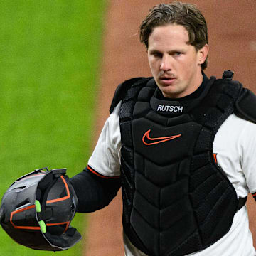 Apr 16, 2025; Baltimore, Maryland, USA; Baltimore Orioles catcher Adley Rutschman (35) looks on during the seventh inning against the Cleveland Guardians at Oriole Park at Camden Yards