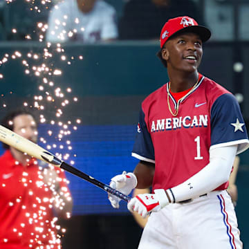 American League Future  infielder Sebastian Walcott (1) reacts during the Futures Skills Showcase at Globe Life Field. 