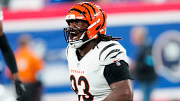 Cincinnati Bengals defensive tackle McKinnley Jackson (93) celebrates after the New York Giants missed their first of two second half field goals, Sunday, October 13, 2024, in East Rutherford.