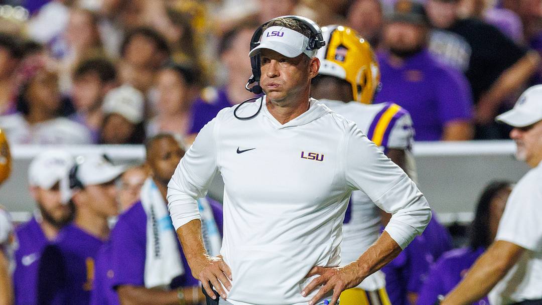 Sep 5, 2026; Baton Rouge, Louisiana, USA;  LSU Tigers head coach Lane Kiffin watches game play against the Clemson Tigers during the first half at Tiger Stadium.  Mandatory Credit: Stephen Lew-Imagn Images