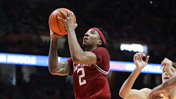 Jan 4, 2025; Knoxville, Tennessee, USA; Arkansas Razorbacks guard Boogie Fland (2) goes to the basket against the Tennessee Volunteers during the second half at Thompson-Boling Arena at Food City Center. Mandatory Credit: Randy Sartin-Imagn Images