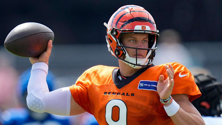 Cincinnati Bengals quarterback Joe Burrow (9) throws a pass during a preseason joint practice at the Paycor Stadium practice facility in downtown Cincinnati on Tuesday, Aug. 20, 2024.