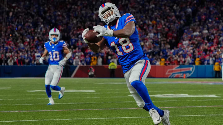 Nov 17, 2024; Orchard Park, New York, USA; Buffalo Bills wide receiver Amari Cooper (18) makes a catch against the Kansas City Chiefs during the first half at Highmark Stadium. Mandatory Credit: Gregory Fisher-Imagn Images