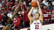 Indiana forward Tucker Devries shoots over Lindenwood guard Jadis Jones on Nov. 20, 2025, at Simon Skjodt Assembly Hall.