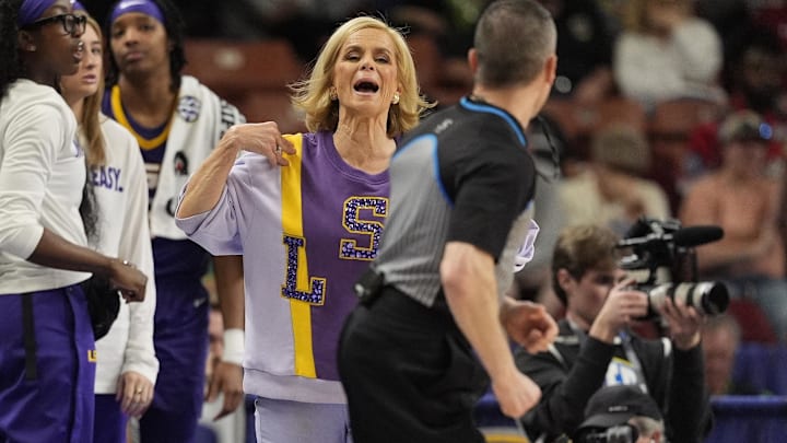 Mar 8, 2025; Greenville, SC, USA; LSU Lady Tigers head coach Kim Mulkey calls time out during the first half against the Texas Longhorns at Bon Secours Wellness Arena. Mandatory Credit: Jim Dedmon-Imagn Images