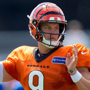 Cincinnati Bengals quarterback Joe Burrow (9) throws a pass during a preseason joint practice at the Paycor Stadium practice facility in downtown Cincinnati on Tuesday, Aug. 20, 2024.