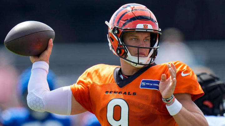 Cincinnati Bengals quarterback Joe Burrow (9) throws a pass during a preseason joint practice at the Paycor Stadium practice facility in downtown Cincinnati on Tuesday, Aug. 20, 2024.