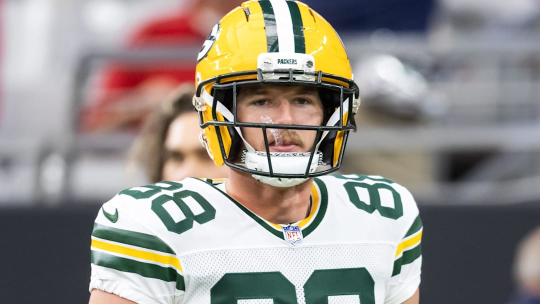 Oct 19, 2025; Glendale, Arizona, USA; Green Bay Packers tight end Luke Musgrave (88) against the Arizona Cardinals at State Farm Stadium. Oct 19, 2025; Glendale, Arizona, USA; Green Bay Packers tight end Luke Musgrave (88) against the Arizona Cardinals at State Farm Stadium.