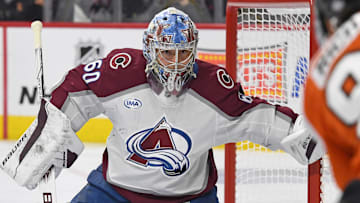 Nov 18, 2024; Philadelphia, Pennsylvania, USA; Colorado Avalanche goaltender Justus Annunen (60) against the Philadelphia Flyers at Wells Fargo Center. Mandatory Credit: Eric Hartline-Imagn Images