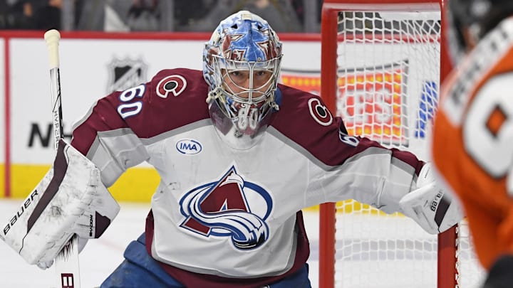 Nov 18, 2024; Philadelphia, Pennsylvania, USA; Colorado Avalanche goaltender Justus Annunen (60) against the Philadelphia Flyers at Wells Fargo Center. Mandatory Credit: Eric Hartline-Imagn Images