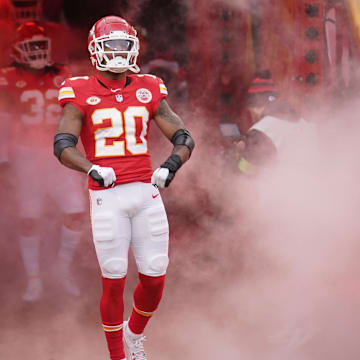 Dec 25, 2023; Kansas City, Missouri, USA; Kansas City Chiefs safety Justin Reid (20) is introduced against the Las Vegas Raiders prior to a game at GEHA Field at Arrowhead Stadium. Mandatory Credit: Denny Medley-Imagn Images