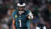 Nov 16, 2025; Philadelphia, Pennsylvania, USA; Philadelphia Eagles quarterback Jalen Hurts (1) reacts against the Detroit Lions during the first half at Lincoln Financial Field. Mandatory Credit: Bill Streicher-Imagn Images