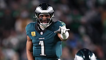 Nov 16, 2025; Philadelphia, Pennsylvania, USA; Philadelphia Eagles quarterback Jalen Hurts (1) reacts against the Detroit Lions during the first half at Lincoln Financial Field. Mandatory Credit: Bill Streicher-Imagn Images