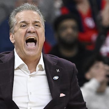 Arkansas Razorbacks coach John Calipari reacts during the second half against the Kansas Jayhawks at Amica Mutual Pavilion.