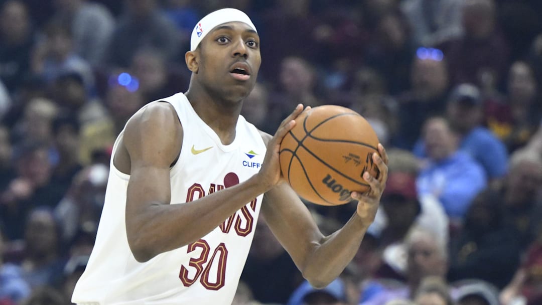 Apr 13, 2025; Cleveland, Ohio, USA; Cleveland Cavaliers forward Nae'Qwan Tomlin (30) looks to shoot in the first quarter against the Indiana Pacers at Rocket Arena. Mandatory Credit: David Richard-Imagn Images
