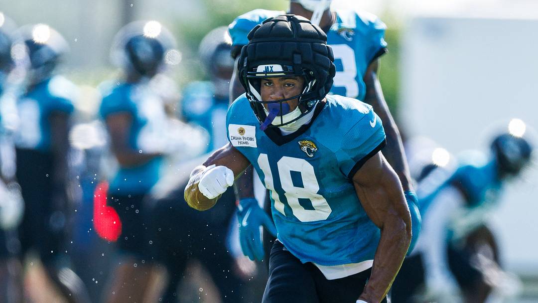 Aug 13, 2026; Metairie, LA, USA;  Jacksonville Jaguars wide receiver C.J. Williams (18) against the New Orleans Saints during a joint scrimmage during at Ochsner Sports Performance Center. Mandatory Credit: Stephen Lew-Imagn Images