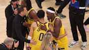 Indiana Pacers guard Tyrese Haliburton and forward Pascal Siakam after beating the New York Knicks in the 2025 NBA Playoffs