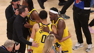 Indiana Pacers guard Tyrese Haliburton and forward Pascal Siakam after beating the New York Knicks in the 2025 NBA Playoffs