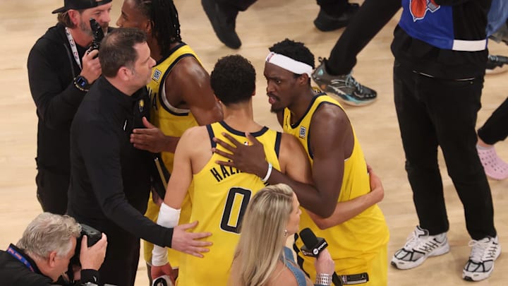 Indiana Pacers guard Tyrese Haliburton and forward Pascal Siakam after beating the New York Knicks in the 2025 NBA Playoffs Indiana Pacers guard Tyrese Haliburton and forward Pascal Siakam after beating the New York Knicks in the 2025 NBA Playoffs