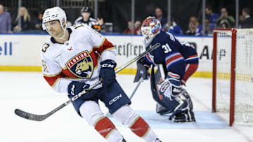 Mar 23, 2024; New York, New York, USA; Florida Panthers center Sam Reinhart (13) circles back after