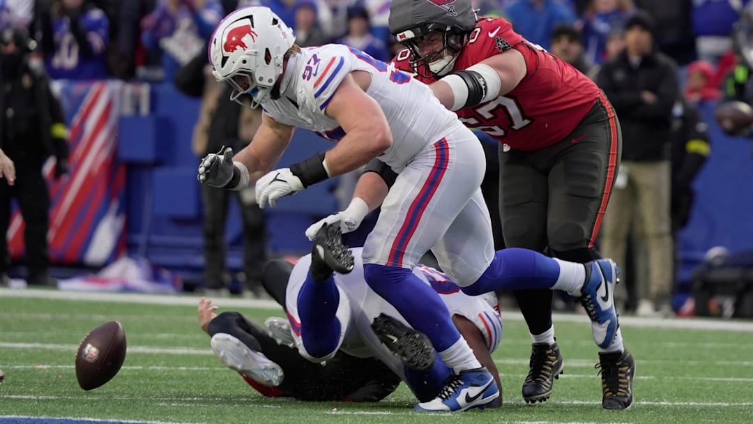 Buffalo Bills DE Joey Bosa turns towards the fumble that DT DaQuan Jones caused after sacking Tampa Bay QB Baker Mayfield.