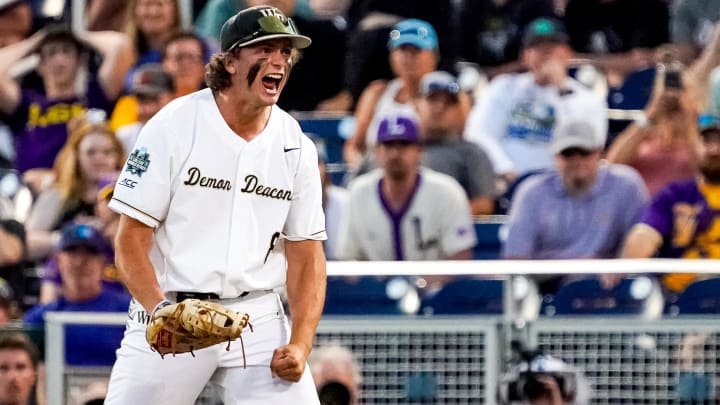 Jun 19, 2023; Omaha, NE, USA; Wake Forest Demon Deacons first baseman Nick Kurtz (8) celebrates after defeating the LSU Tigers at Charles Schwab Field Omaha. Mandatory Credit: Dylan Widger-USA TODAY Sports