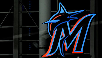 A general view of a illuminated Miami Marlins logo in center field after the Miami Marlins and Philadelphia Phillies split a double header at Marlins Park. 