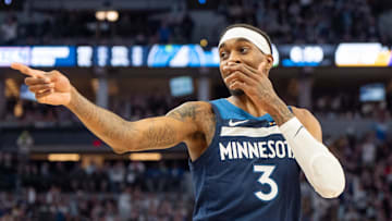 Apr 27, 2025; Minneapolis, Minnesota, USA; Minnesota Timberwolves forward Jaden McDaniels (3) celebrates a three pointer made against the Los Angeles Lakers in the third quarter during game four of first round for the 2025 NBA Playoffs at Target Center. Mandatory Credit: Matt Blewett-Imagn Images