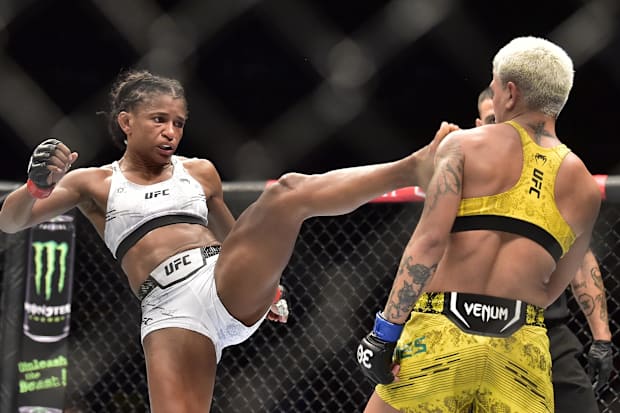 Denise Gomes fights Angela Hill during UFC Fight Night at Ibirapuera Arena. 