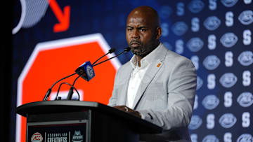 Jul 23, 2025; Charlotte, NC, USA; Syracuse Head Coach Fran Brown answers questions from the media during ACC Media days at Hilton Charlotte Uptown. Mandatory Credit: Jim Dedmon-Imagn Images