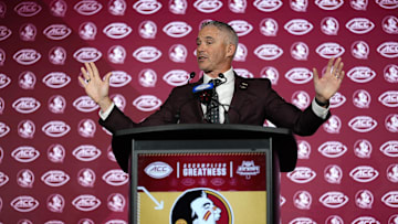 Jul 23, 2025; Charlotte, NC, USA; aFlorida State head coach Mike Norvell answers questions from the media during ACC Media days at Hilton Charlotte Uptown. Mandatory Credit: Jim Dedmon-Imagn Images