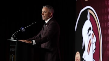Jul 23, 2025; Charlotte, NC, USA; Florida State head coach Mike Norvell answers questions from the media during ACC Media days at Hilton Charlotte Uptown. Mandatory Credit: Jim Dedmon-Imagn Images