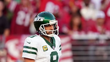 Sep 9, 2024; Santa Clara, California, USA; New York Jets quarterback Aaron Rodgers (8) stands on the field during the second quarter against the San Francisco 49ers at Levi's Stadium. Mandatory Credit: Darren Yamashita-Imagn Images