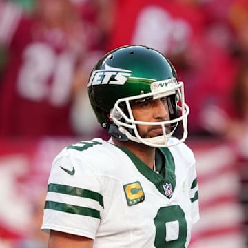 Sep 9, 2024; Santa Clara, California, USA; New York Jets quarterback Aaron Rodgers (8) stands on the field during the second quarter against the San Francisco 49ers at Levi's Stadium. Mandatory Credit: Darren Yamashita-Imagn Images