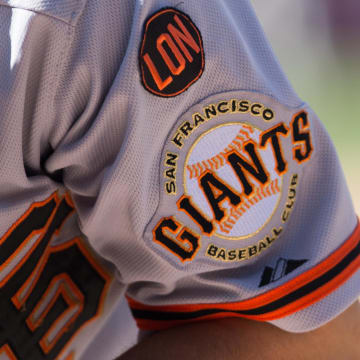 Jun 7, 2015; Philadelphia, PA, USA; The logos of the San Francisco Giants on a uniform in a game against the Philadelphia Phillies at Citizens Bank Park. The San Francisco Giants won 6-4. 